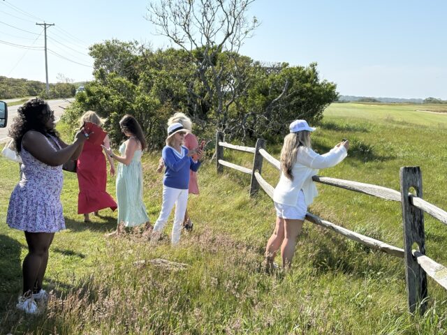 group of women in pasture type space, some holding cell phones